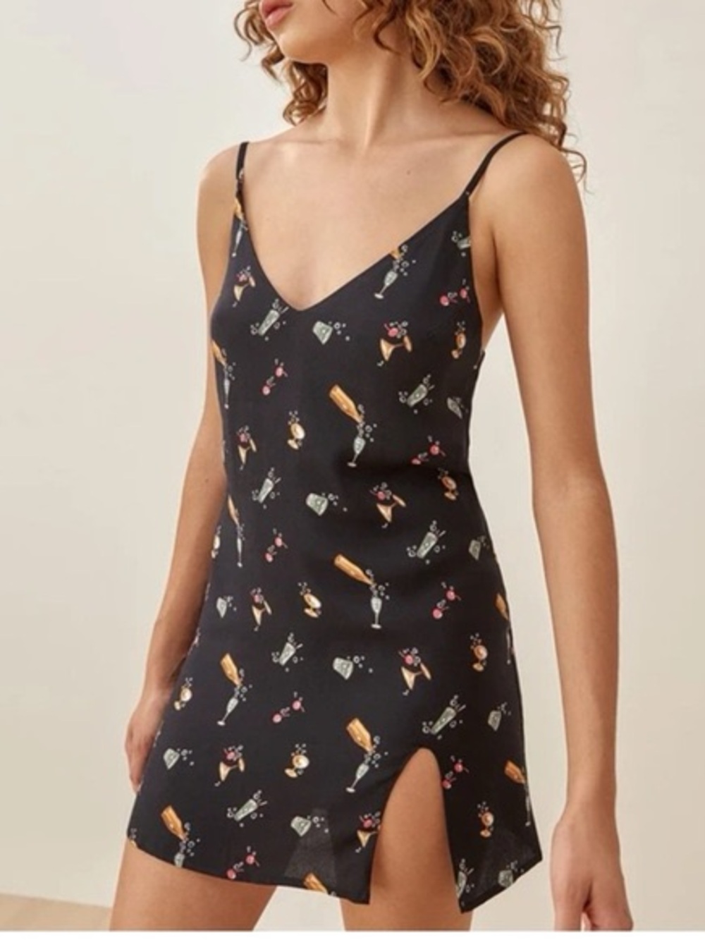 Reformation Black Slip Dress with Champagne & Cocktail Print